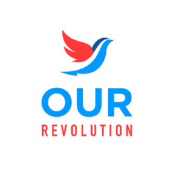 A logo featuring a stylized red and blue bird with the words "OUR REVOLUTION" below in blue and red text.