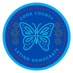 Seal with a blue butterfly in the center, surrounded by flowers, with the words 'Cook County Latino Democrats'.