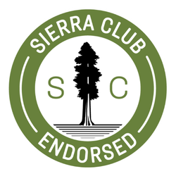 Sierra Club Endorsed logo with a green circle, white border, and a black tree in the center.