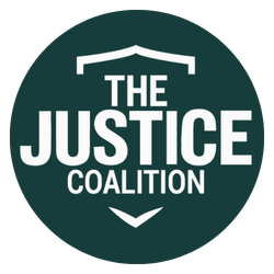 Logo of The Justice Coalition in a circular, dark green background with white text and shield design.