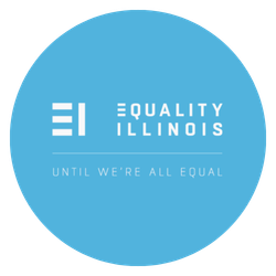 Blue circular logo with white text that reads 'QUALITY ILLINOIS' and smaller text underneath that says 'UNTIL WE'RE ALL EQUAL'.
