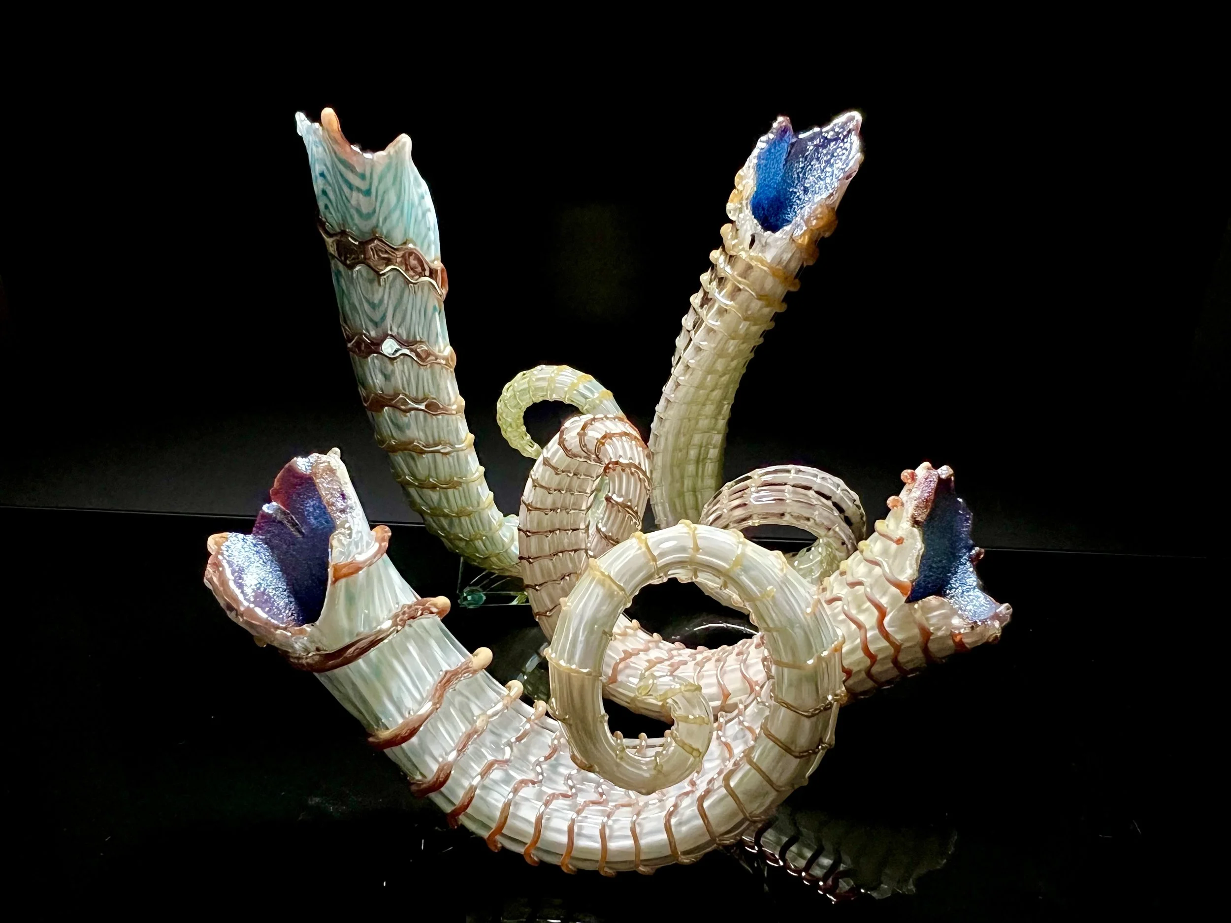 Glass sculpture resembling colorful, twisted sea creatures with iridescent surfaces on a black background.