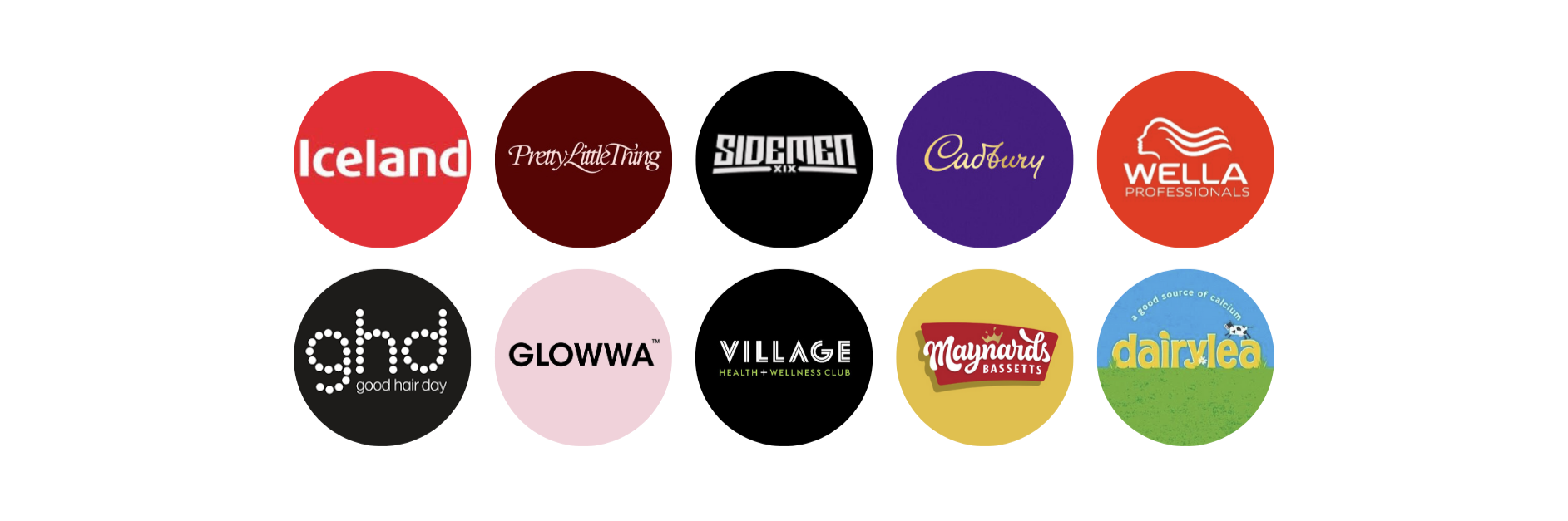 Collage of various brand logos, including Iceland, Pretty Little Thing, Sidemen, Cadbury, Wella Professionals, ghd, Glowiea, Village, Maynard's Bassetts, and Dairy Lea.