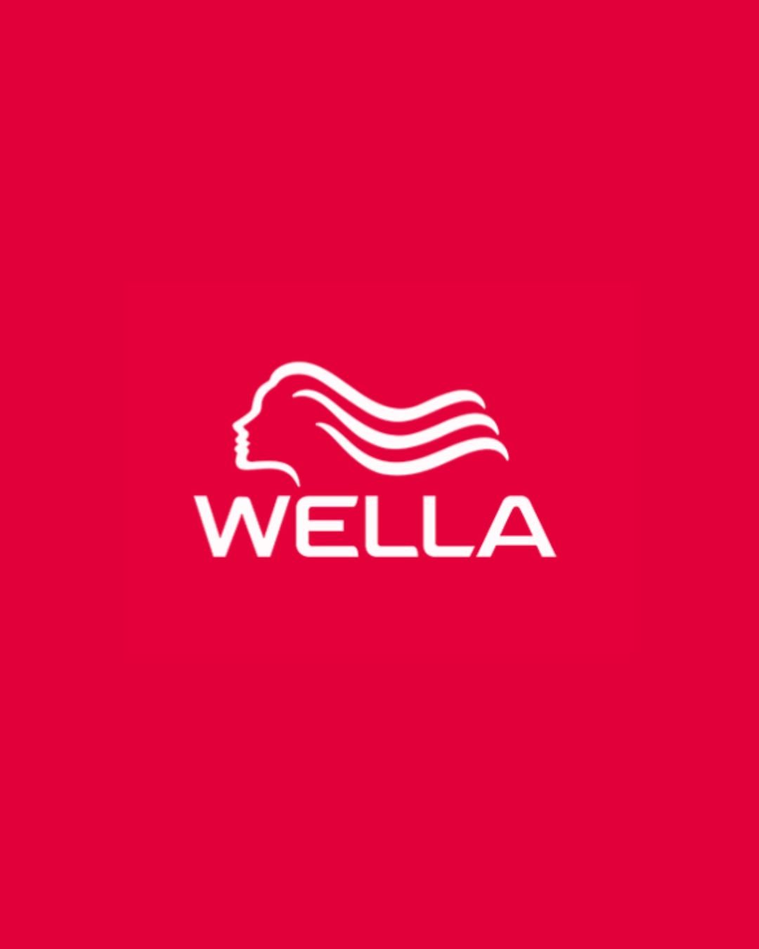 Wella logo with a silhouette of a woman's face and flowing hair on a red background.
