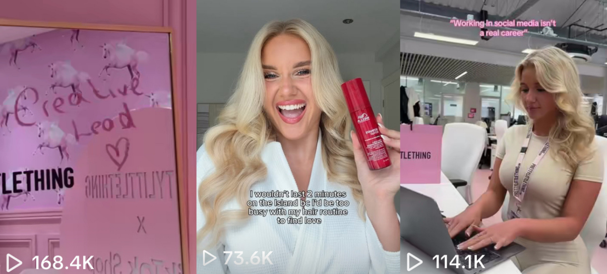 A woman with long blonde hair smiling and holding a red hair product in a bright room, a woman working on a laptop wearing a beige dress in an office environment, and a pink sign with handwriting that says 'Creative Lead' and 'LITTLETHINK'.