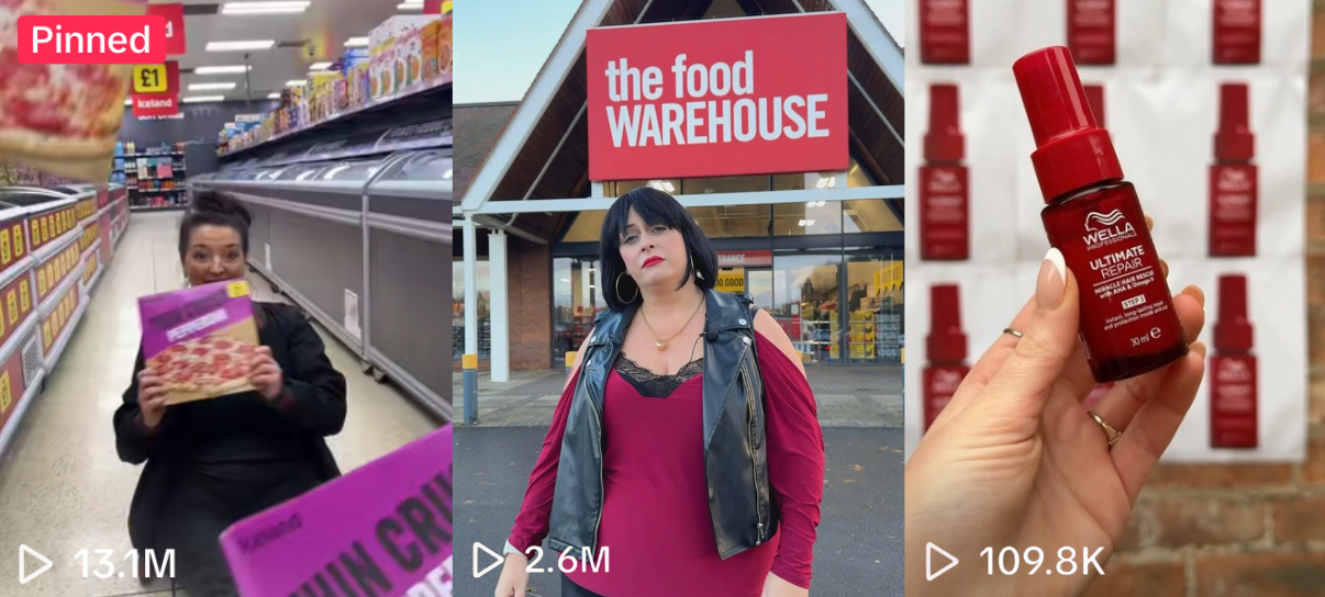 A collage with three images: the first shows a woman in a grocery store aisle holding a frozen pizza box, the second features a woman standing outside a store named 'The Food Warehouse,' and the third displays a person holding a small red bottle of Wella Ultimate Repair hair serum.