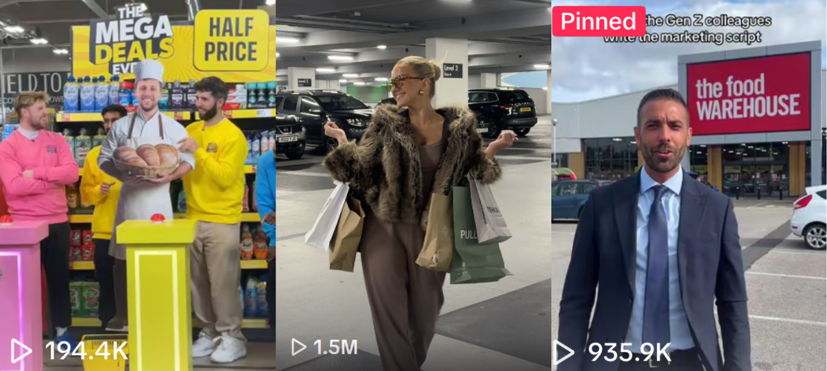 Three different scenes: The first shows people at a store promotional event with bright signs saying 'The Mega Deals' and 'Half Price'. The second depicts a woman shopping in a parking garage, holding shopping bags and wearing a fur coat. The third features a man in a suit standing outside a food warehouse.