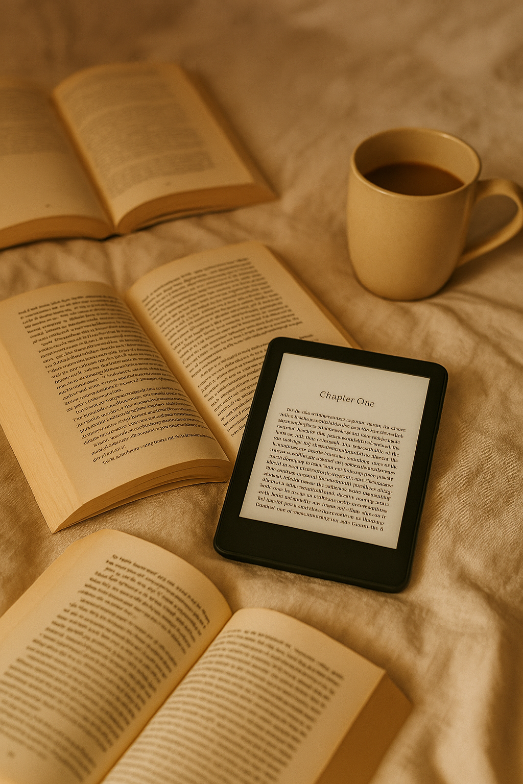 A cozy scene with several open books, a tablet displaying a chapter titled "Chapter One," a beige coffee mug filled with coffee, all placed on a soft, light-colored fabric surface.
