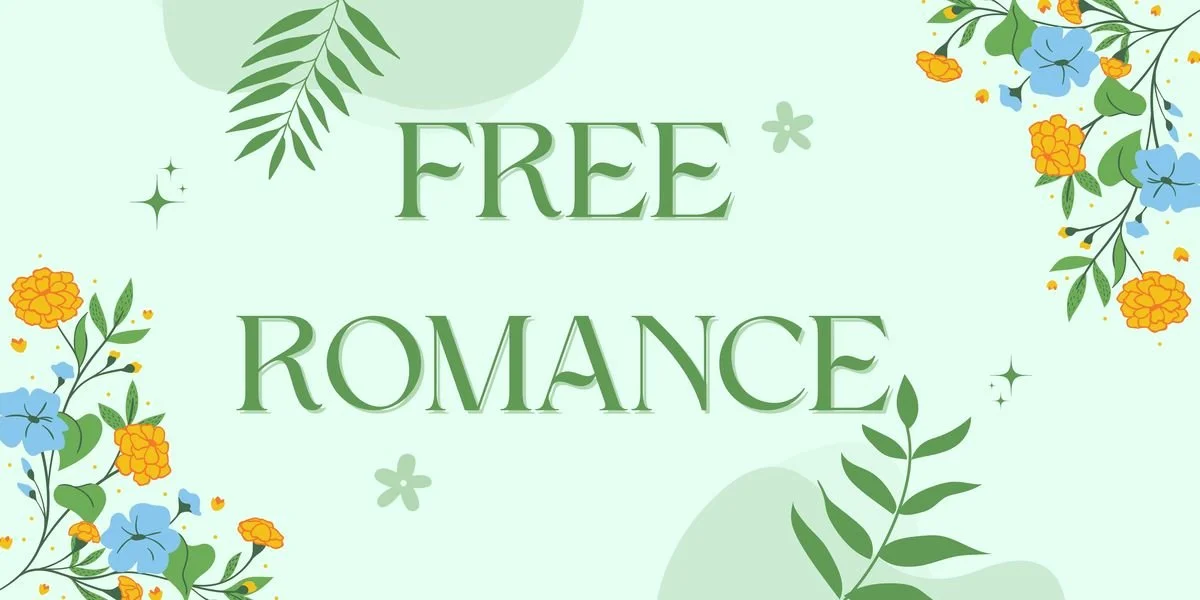 A pastel green background with floral decorations and the text "FREE ROMANCE" in green, surrounded by flowers and leaves.