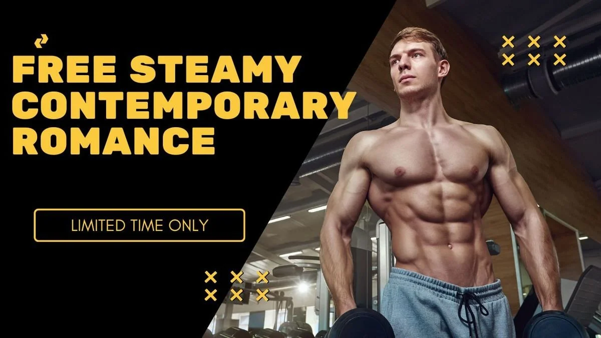 A muscular man working out with weights in a gym, with a promotional overlay for a free contemporary romance offer, limited time only.