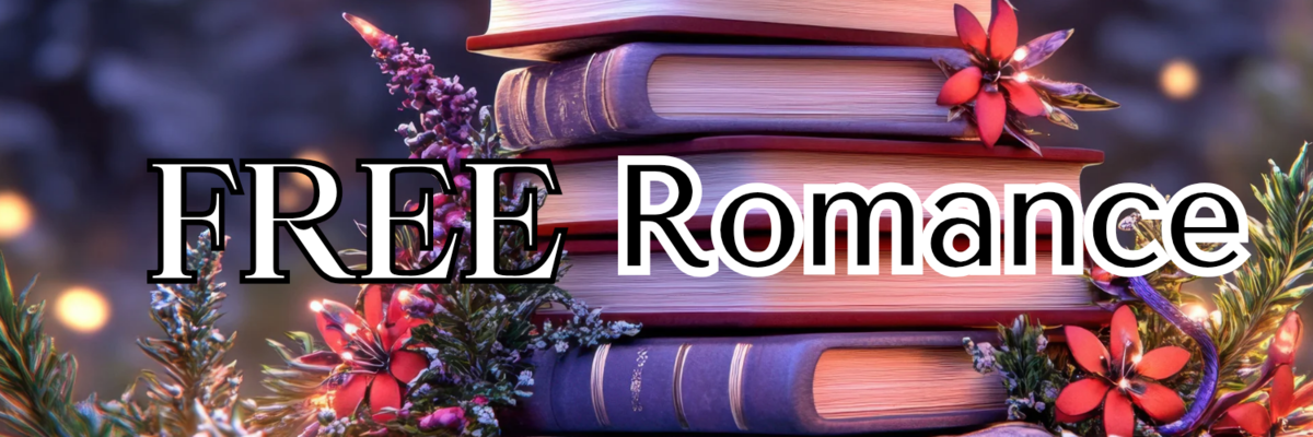 Stack of books decorated with flowers and greenery, with the text "FREE Romance" overlayed.