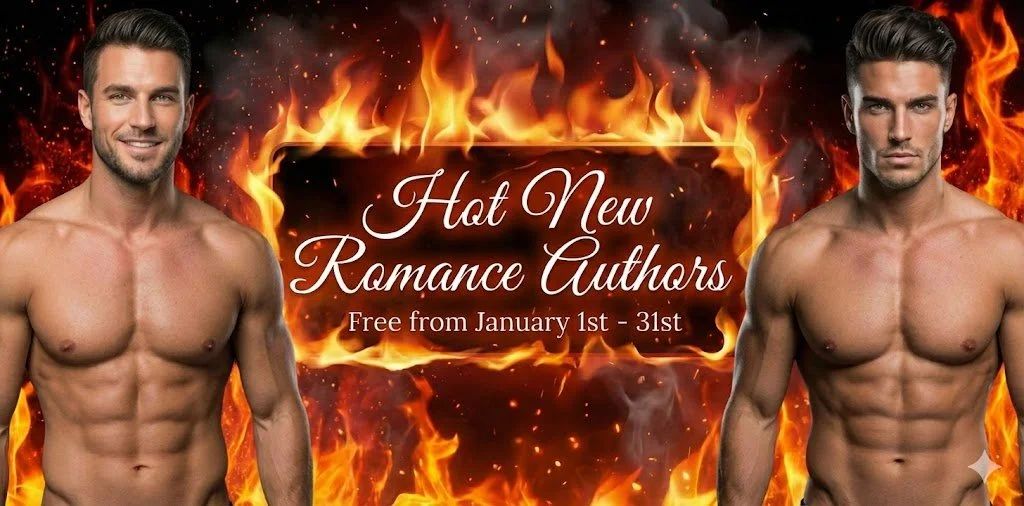 Advertisement for new romance e-books with two shirtless men on either side of a fiery background and text promoting free romance books from January 1st to 31st.