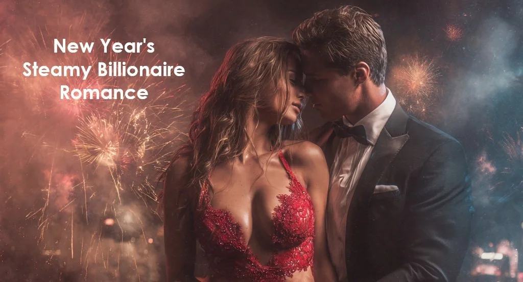 A couple dressed in formal attire, a woman in a red dress and a man in a tuxedo, standing close together with fireworks in the background, celebrating New Year's.