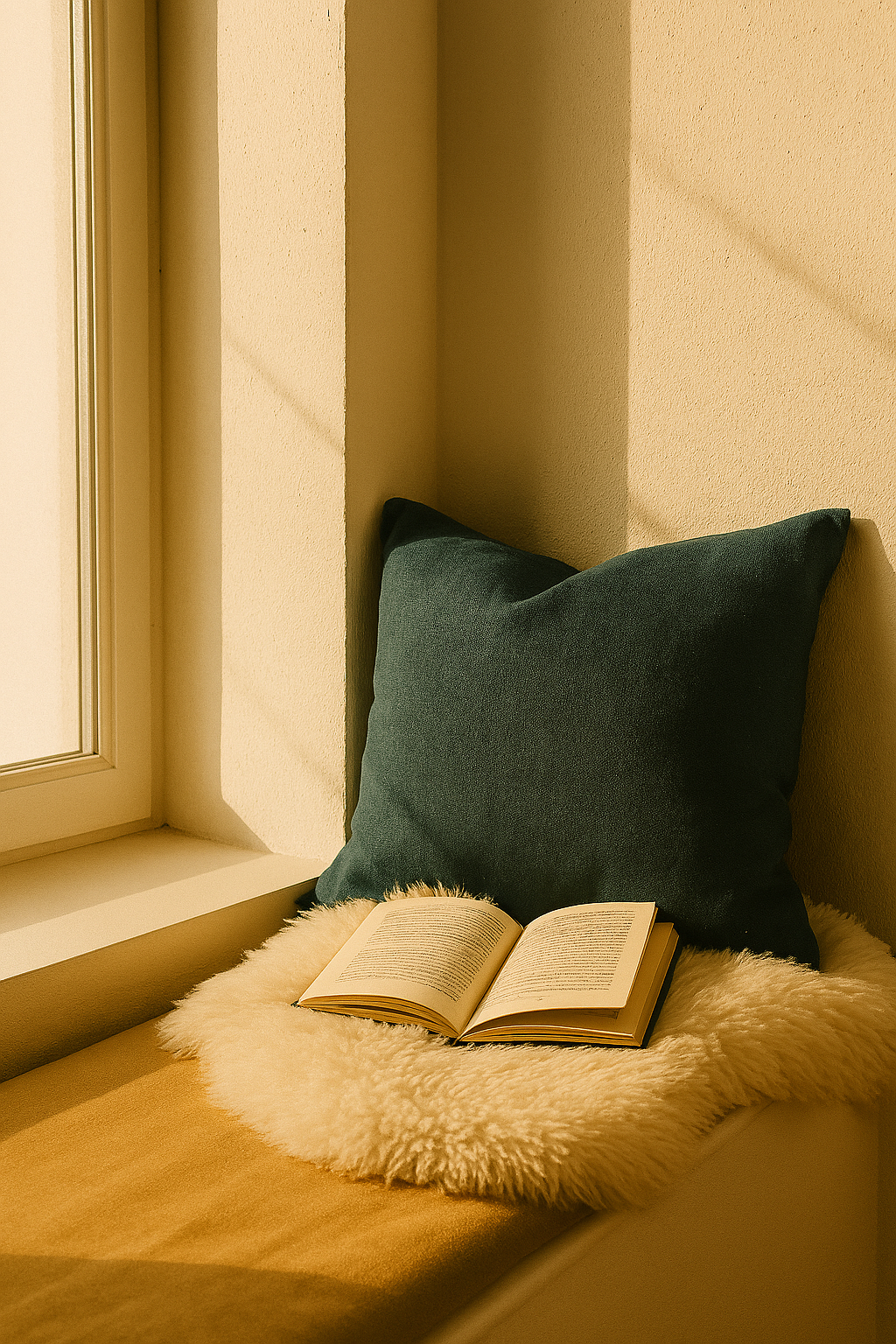 An open book resting on a fluffy white cushion, with a dark green pillow behind it, placed on a window sill in a cozy corner.
