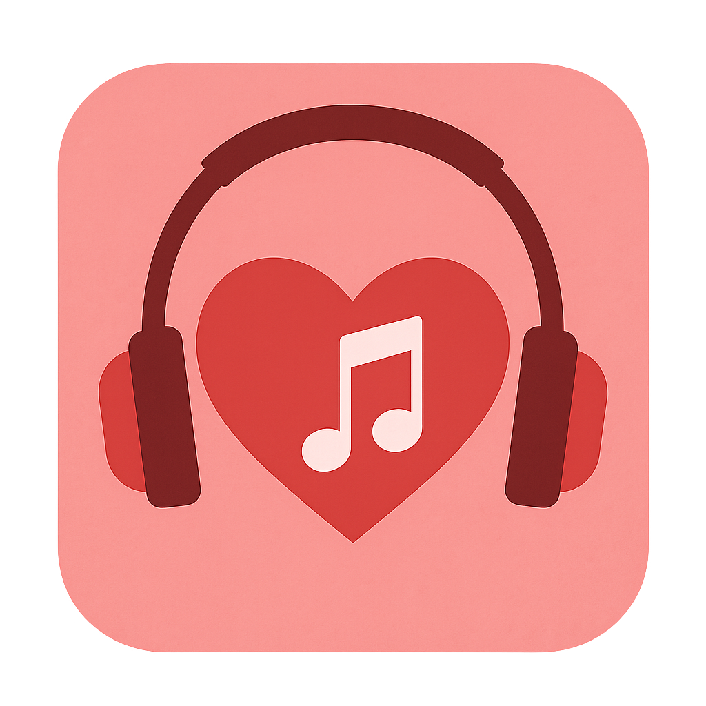 An app icon featuring a pink background, a red heart, a white musical note inside the heart, and black headphones over the heart.