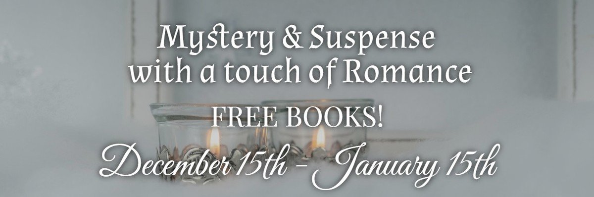 Text overlay on a pale background promoting mystery and suspense books with romance, offering free books from December 15th to January 15th.