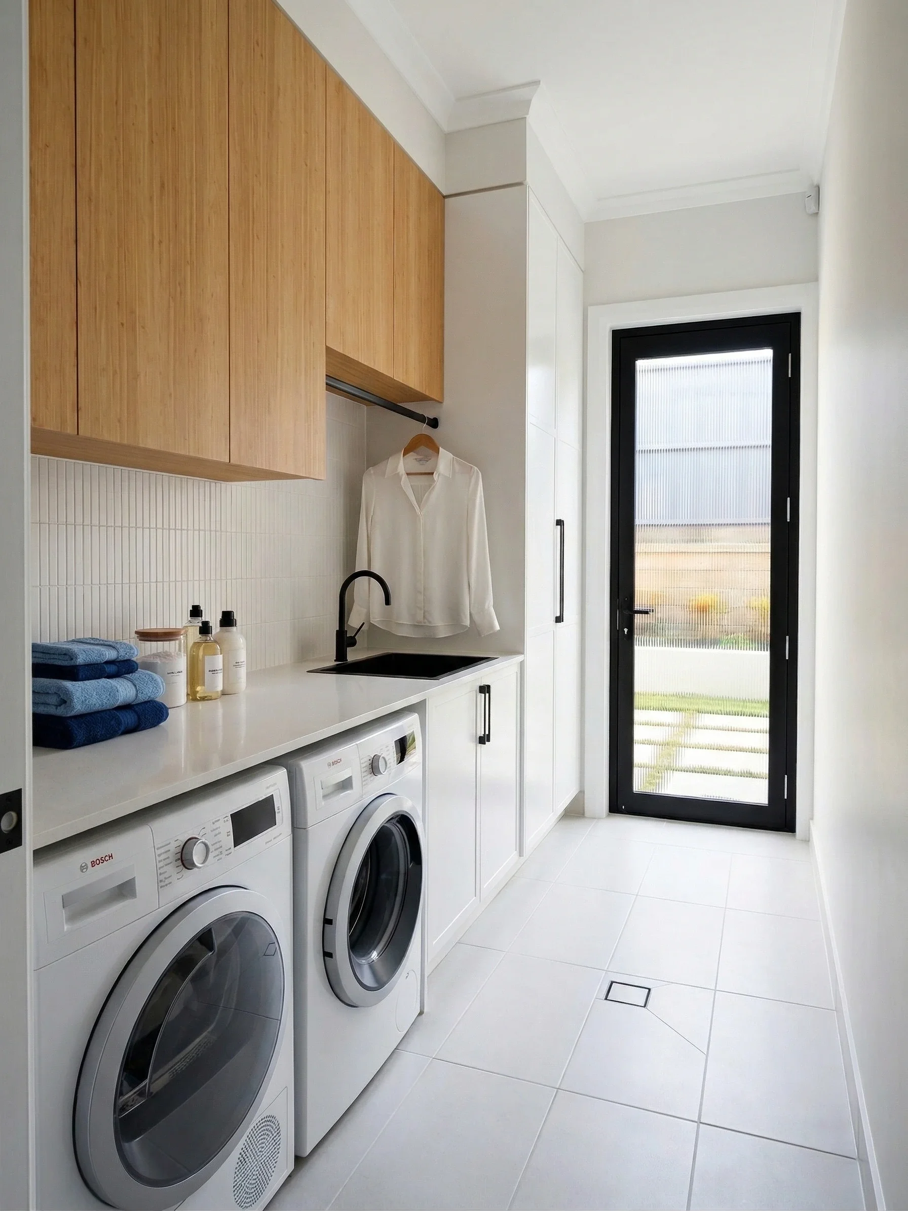 Two tone wood grain and white shaker laundry with hanging rail in Box Hill by TruJoinery