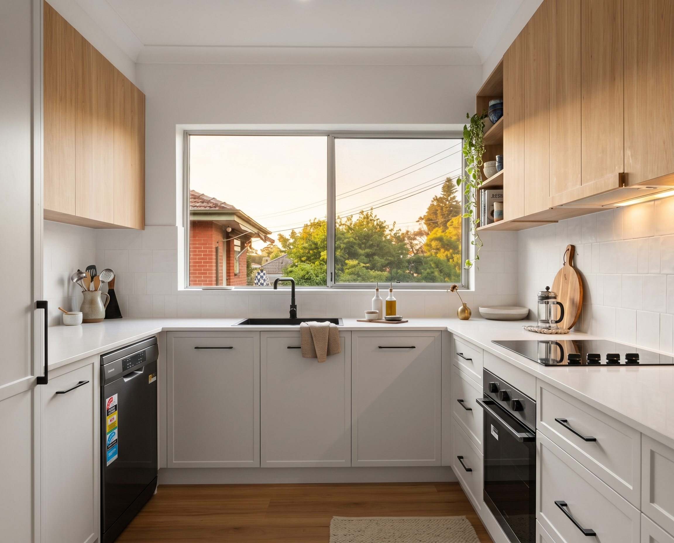 Kitchen renovation in Lindfield. Modern white shaker kitchen with timber overhead cabinets, stone benchtop and black hardware. Custom cabinetry designs and built by TruJoinery, Hills District Sydney