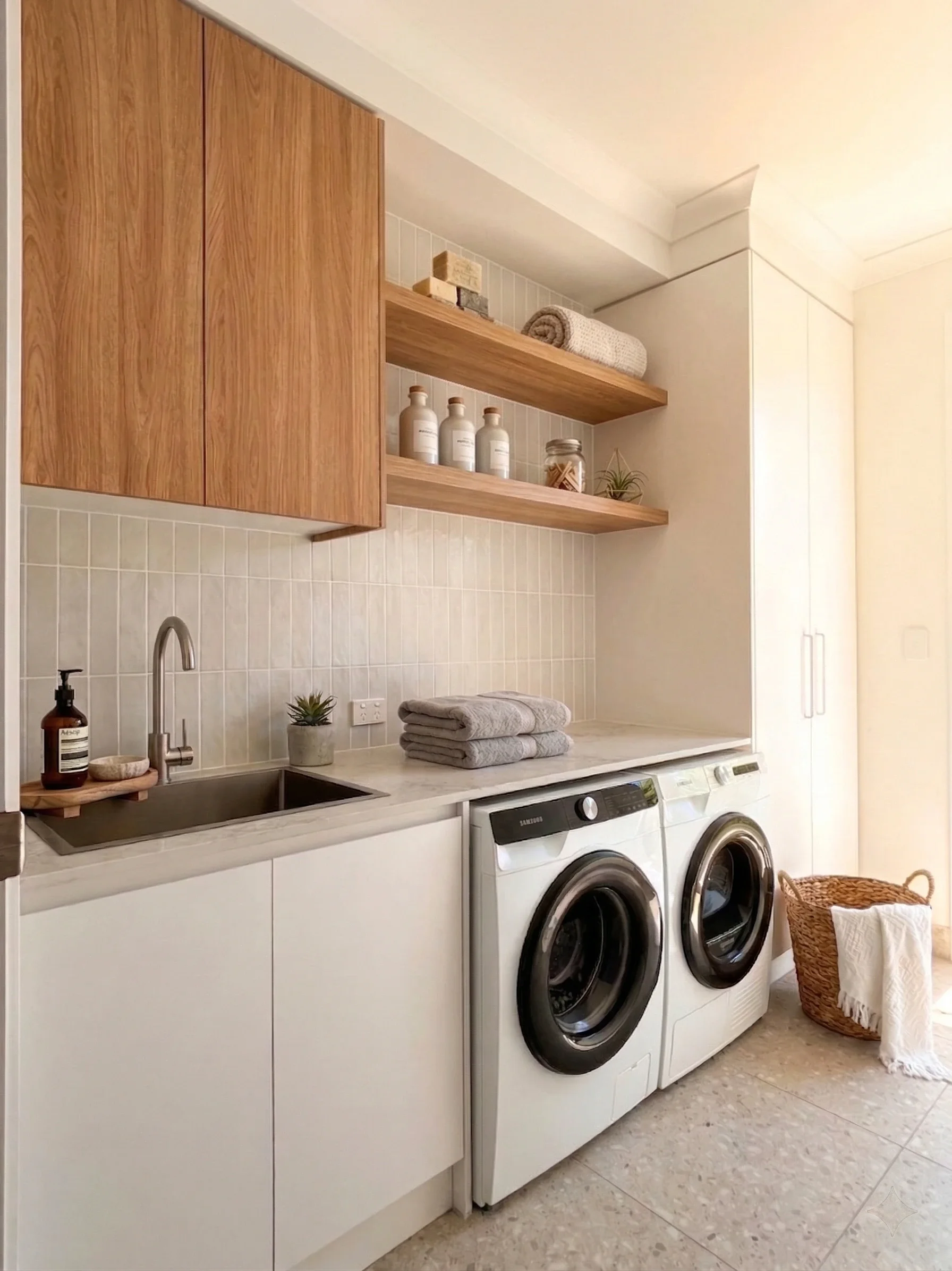 Modern and minimalist laundry with white bottom custom cabinets, wood grain laminex over head cupboards, open shelves and floor-to-ceiling pantry cupboard for maximum storage in The Hills District designed, built and installed by TruJoinery