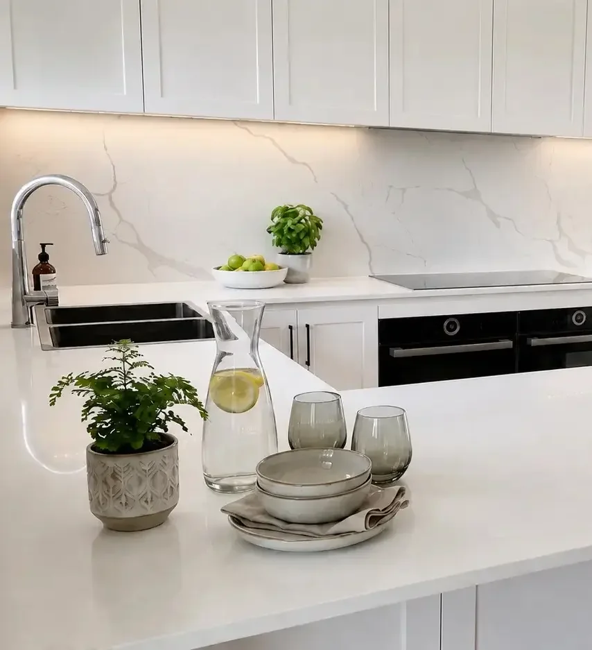 Custom white shaker kitchen cabinetry with marble-look splashback in Castle Hill by TruJoinery