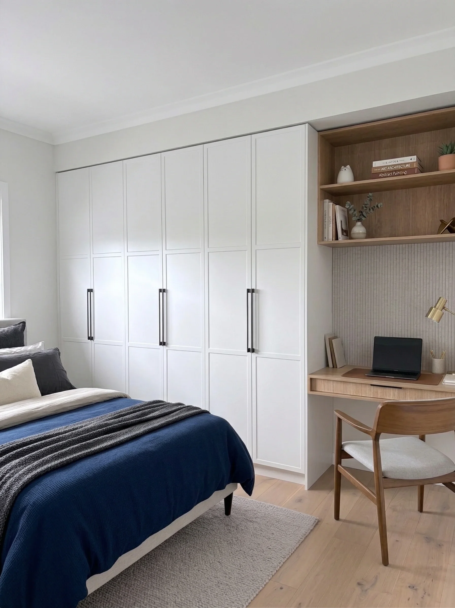 Bedroom wardrobe with white shaker style door and wood grain study nook in Box Hill by Tru Joinery