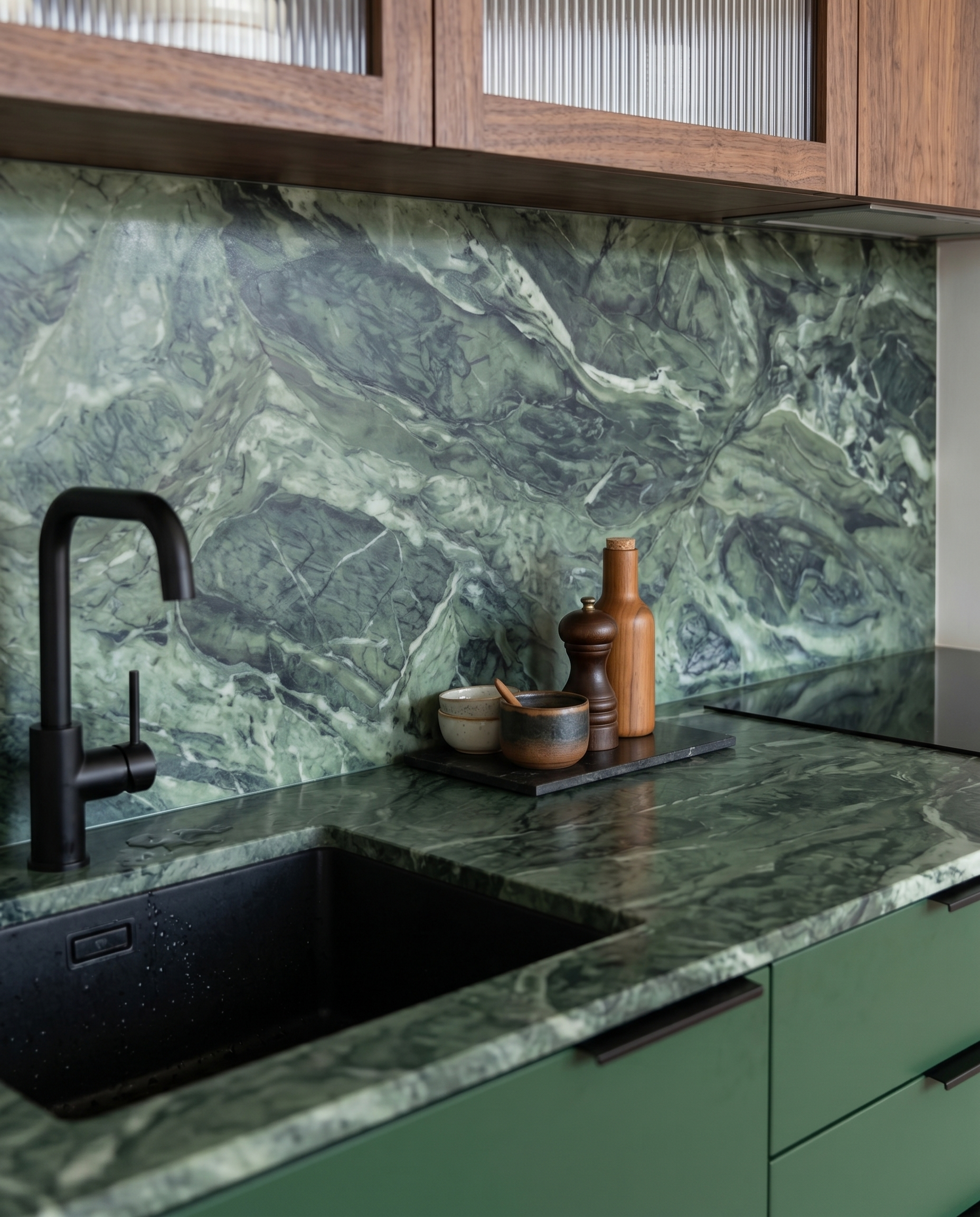 A modern, custom-built kitchenette in Potts Point featuring a striking Verdi Aple / green marble countertop and backsplash. The upper joinery includes rich walnut wood cabinets with two fluted glass doors, a sleek black integrated oven, and a minimal