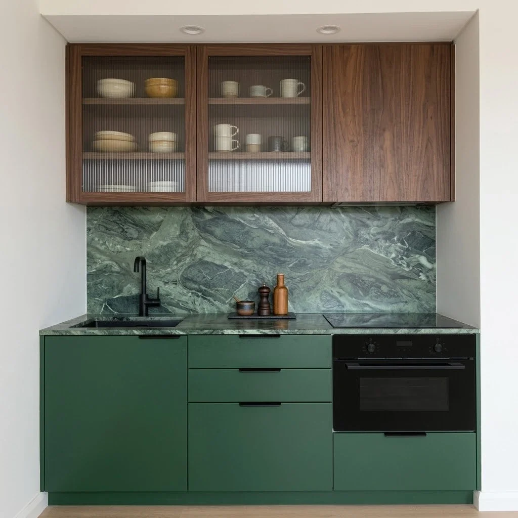 A modern, custom-built kitchenette in Potts Point featuring matte forest green lower cabinetry and a striking green marble countertop and backsplash. The upper joinery includes rich walnut wood cabinets with two fluted glass doors, a sleek black inte