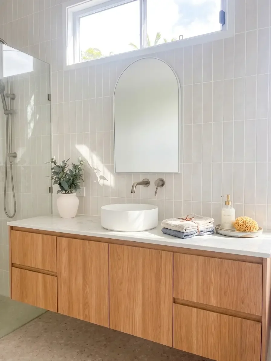 Contemporary bathroom woodgrain vanity and white stone bench top with white matte top mount sink and arch mirror on subway tile feature wall in North Kellyville by TruJoinery