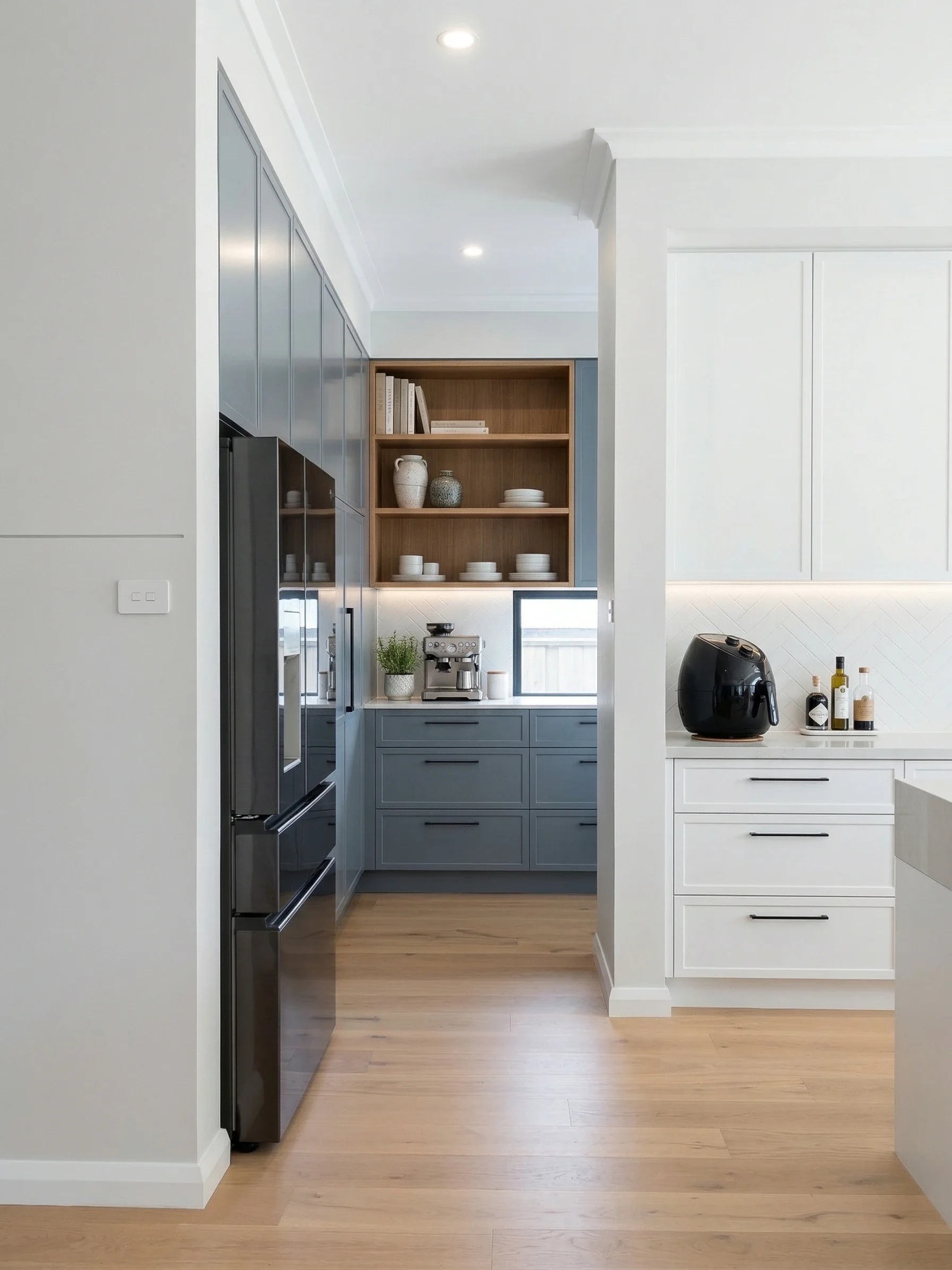 Custom butler's pantry with slate-blue cabinetry and timber open shelving in Box Hill by TruJoinery