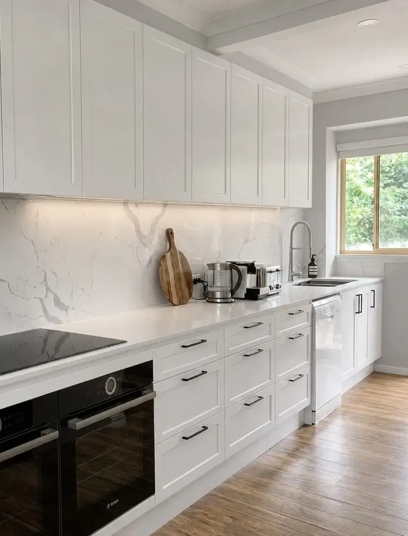 Custom white shaker butler's pantry with marble-look splashback in Castle Hill by TruJoinery