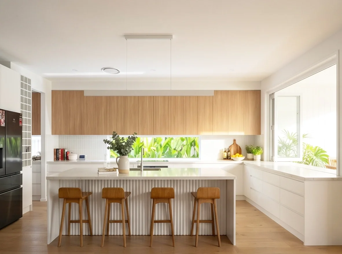A modern, bright kitchen in North Kellyville featuring a large white island with a vertical fluted texture and four wooden bar stools. The background shows light oak upper cabinets, white lower drawers, and a unique horizontal window backsplash revea