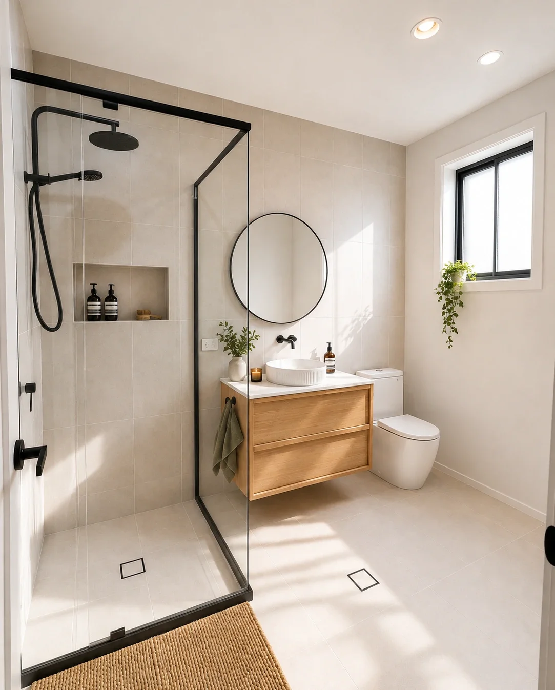 Wall-hung timber veneer bathroom vanity with vessel basin and stone benchtop — custom cabinetry by TruJoinery, Box Hill Sydney Hills District