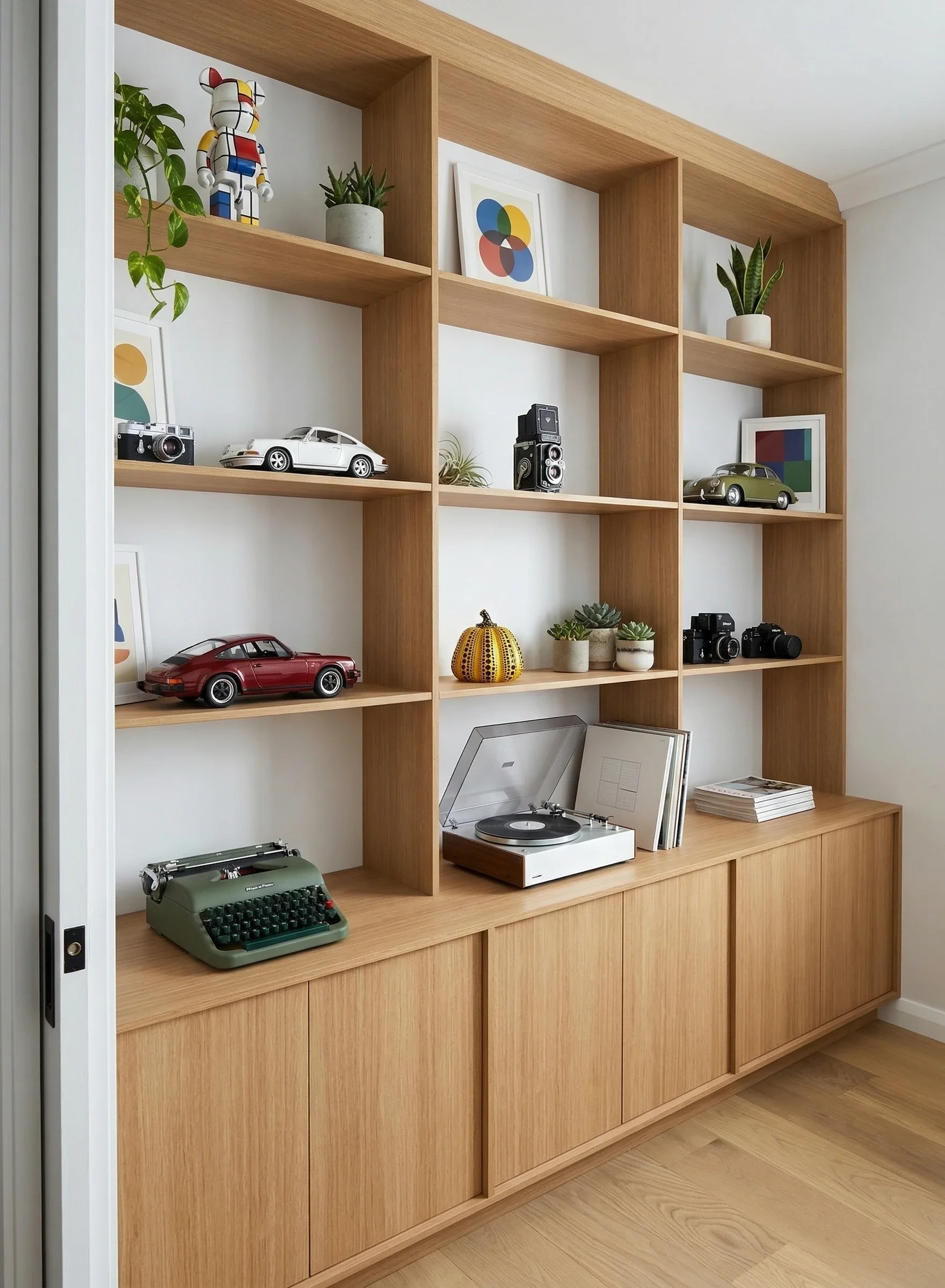 Built-in floor-to-ceiling wood grain custom shelving unit with storage in Sydney by Tru Joinery