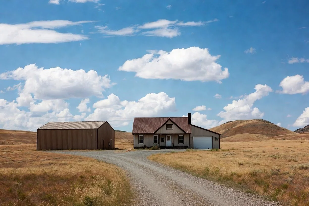 A house with a garage and a storage shed on a rural dirt road, set in a dry grassy landscape under a partly cloudy blue sky.