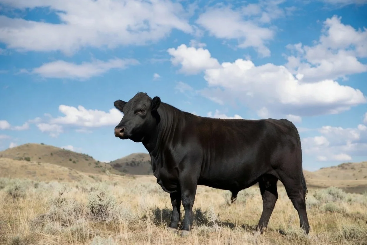 A black cow standing in a grassy plain with hills in the background under a blue sky with scattered clouds.