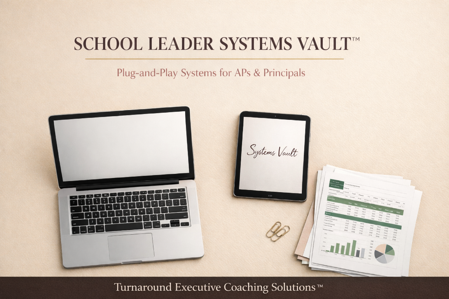 A laptop, a tablet with 'Systems Vault' on the screen, a couple of paper clips, and a stack of documents with charts and graphs on a beige background. Title: 'School Leader Systems Vault — Plug-and-Play Systems for APs & Principals.' Subtext: 'Turnaround Executive Coaching Solutions'