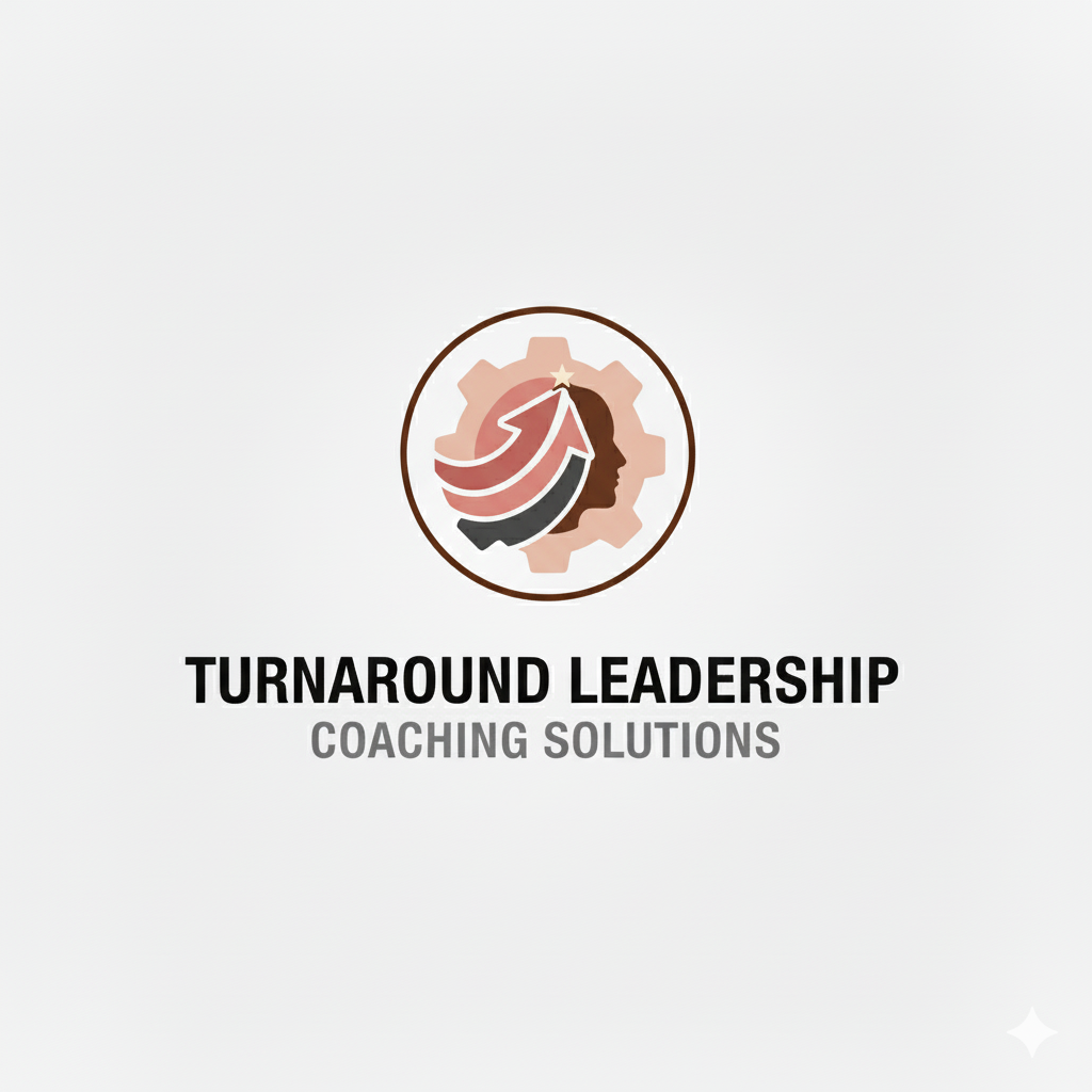 Logo for Turnaround Leadership Coaching Solutions featuring a silhouette of a woman's head with flowing hair and an upward arrow, enclosed in a gear icon.