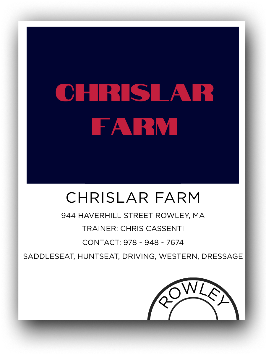 Business card for Chrislar Farm with contact details and note about horse training services, including saddle seat, hunt seat, driving, western, and dressage, with the farm's address in Rowley, MA.