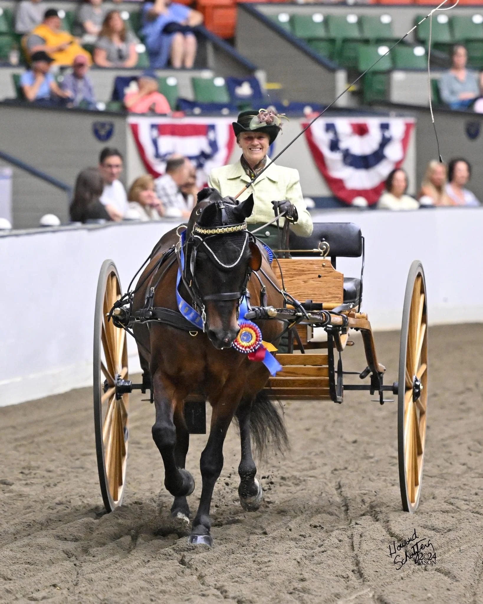 A woman in vintage riding attire riding a horse-drawn carriage at an indoor equestrian event.