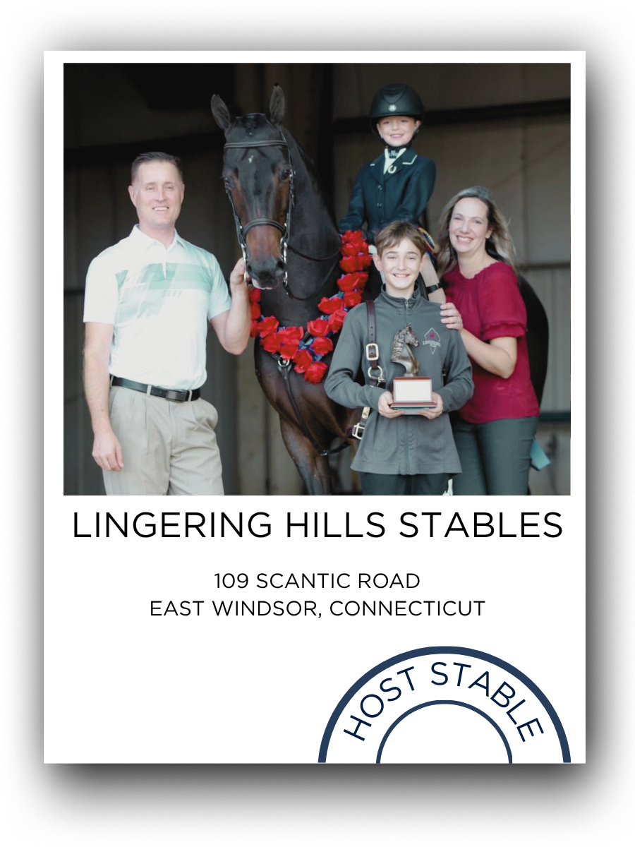 A packed photo of a horse with three smiling children and a woman, celebrating with a red flower lei, at Lingering Hills Stables in East Windsor, Connecticut.