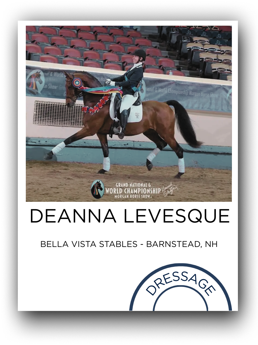 A female equestrian rider in formal riding attire on a decorated horse during a dressage competition at the Grand National & World Championship Morgan Horse Show in an indoor arena with empty red seats in the background.