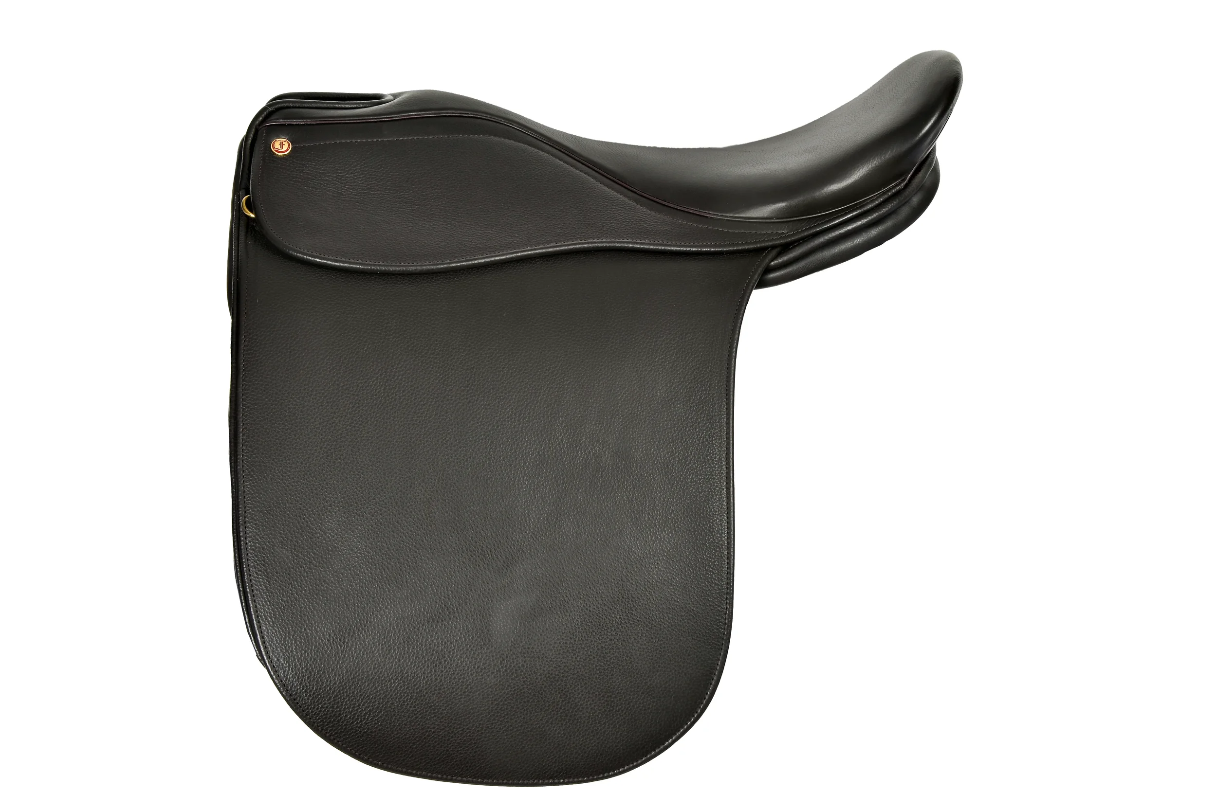 Black English saddle for horseback riding with a padded seat and stirrup attachments