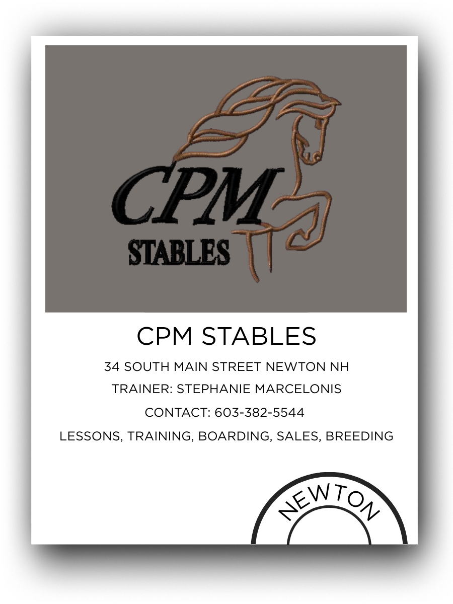 Business card for CPM Stables featuring a horse outline logo, contact information, and services offered, set against a two-tone background.
