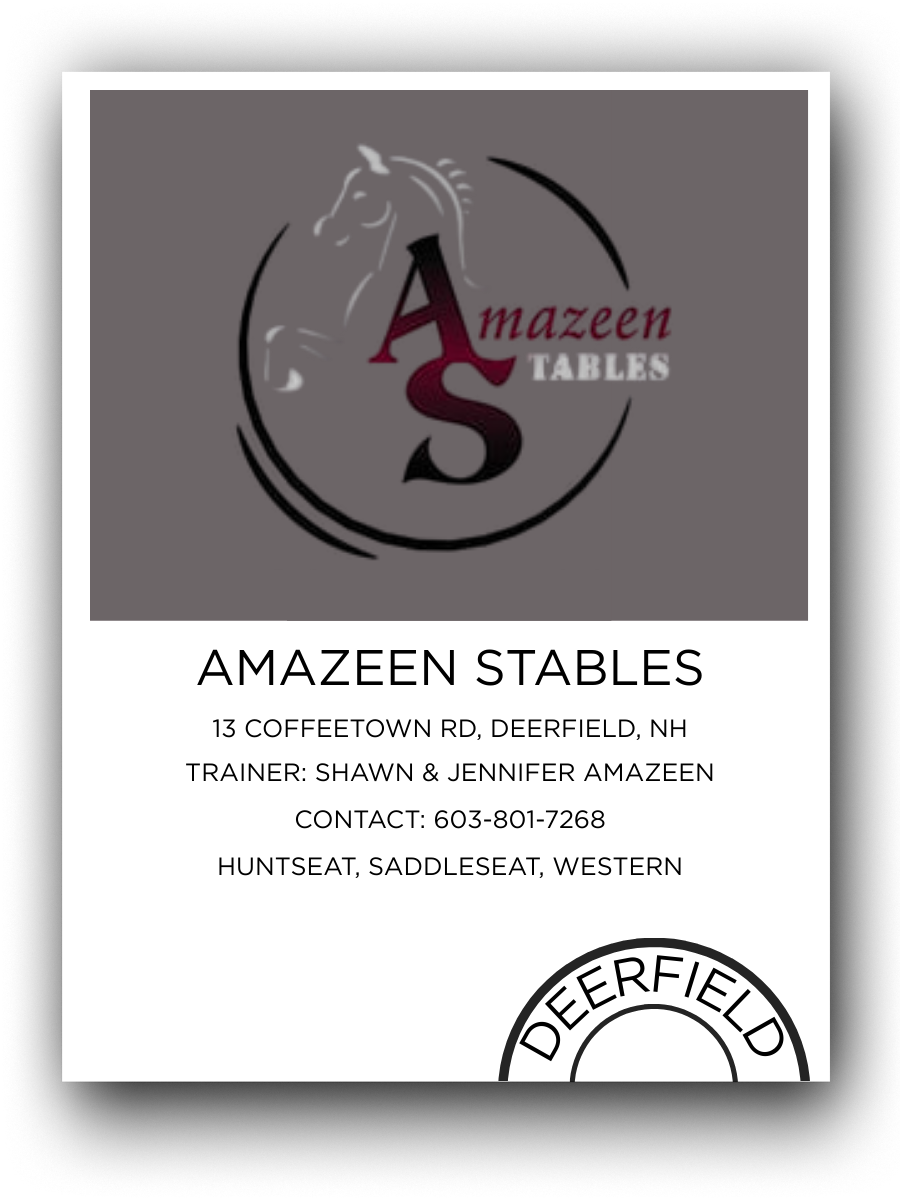 Flyer for Amazeen Stables with contact information, trainers' names, and location details.