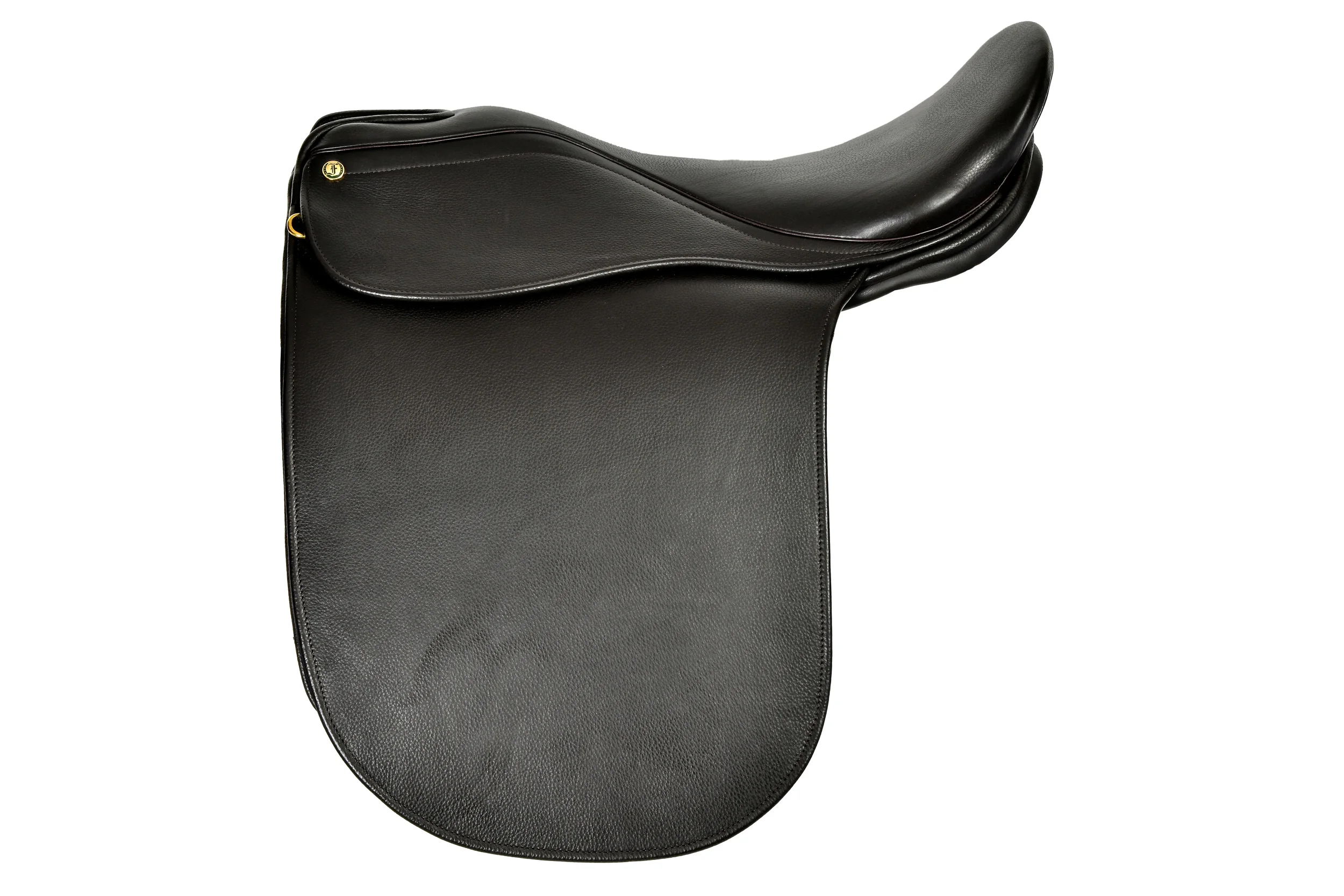 A black leather equestrian saddle against a white background.