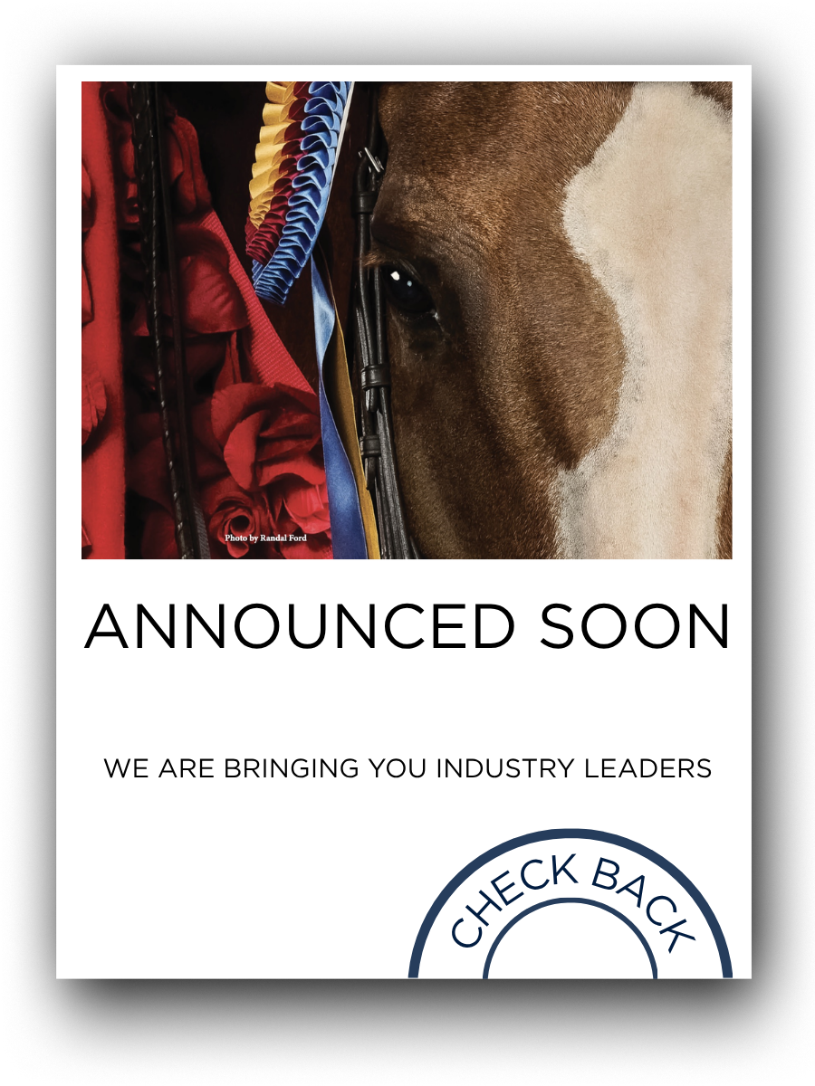 Close-up of a horse's face with a bridle and rosettes, with text announcing an upcoming event.