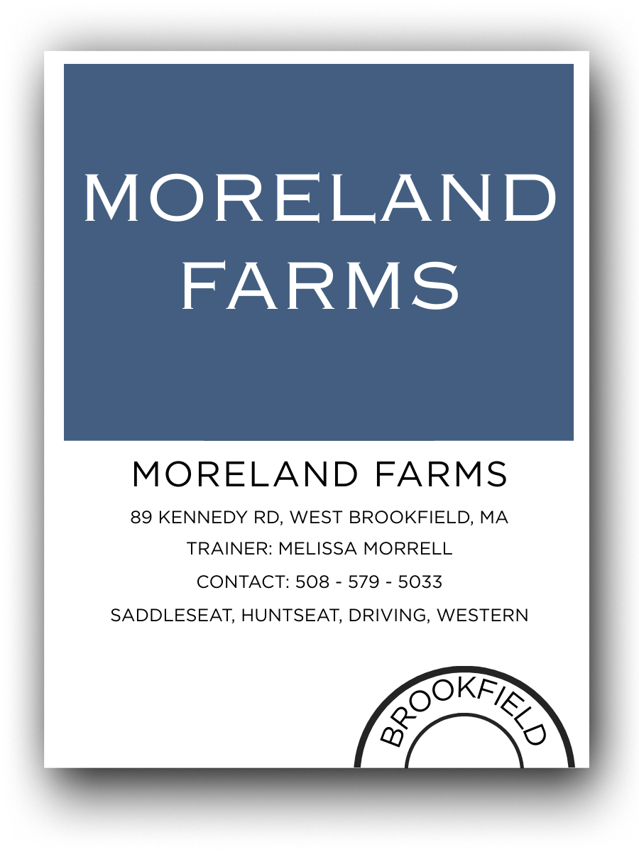 Business card for Moreland Farms with contact information and location in West Brookfield, Massachusetts