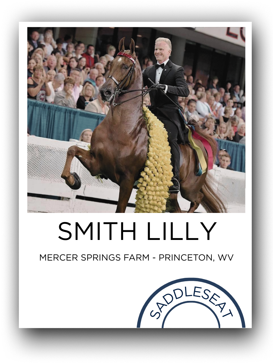 A man in a tuxedo riding a brown horse decorated with yellow flowers during an equestrian event, with an audience watching in the background.