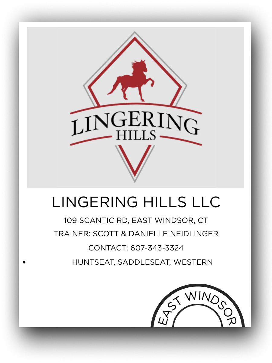 Business card for Lingerng Hills LLC, a trainer in East Windsor, CT with contact information and locations listed, featuring a logo with a red horse silhouette inside a diamond shape.