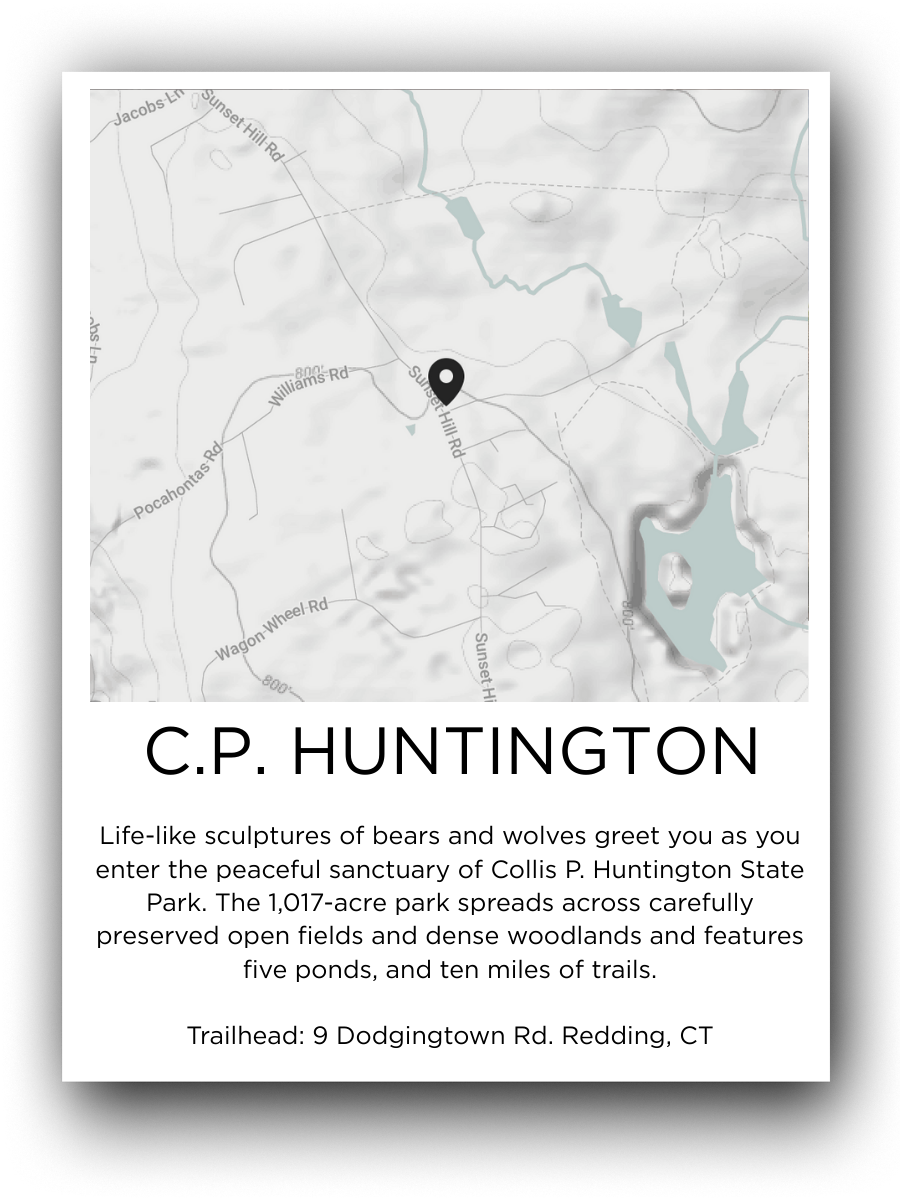Map of Collis P. Huntington State Park with a trailhead marked, showing roads and water bodies